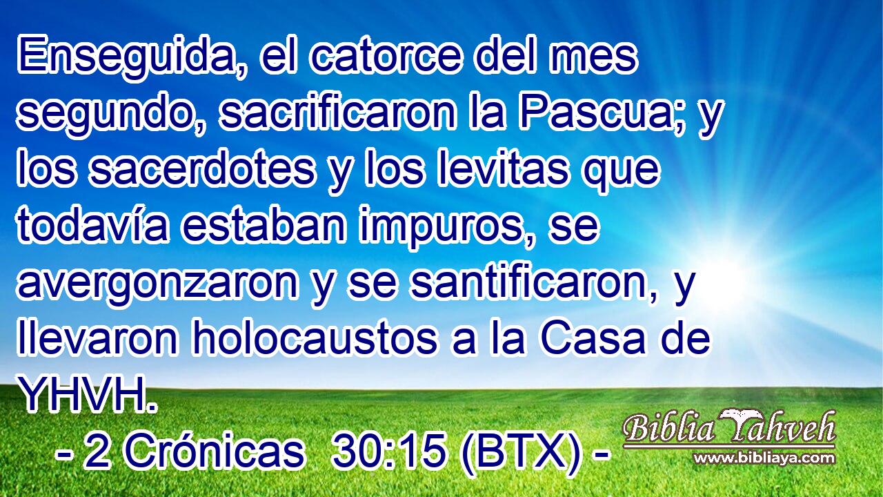 Enseguida, el catorce del mes segundo, sacrificaron la Pascua; y los sacerdotes y los levitas que todavía estaban impuros, se avergonzaron y se santificaron, y llevaron holocaustos a la Casa de YHVH.