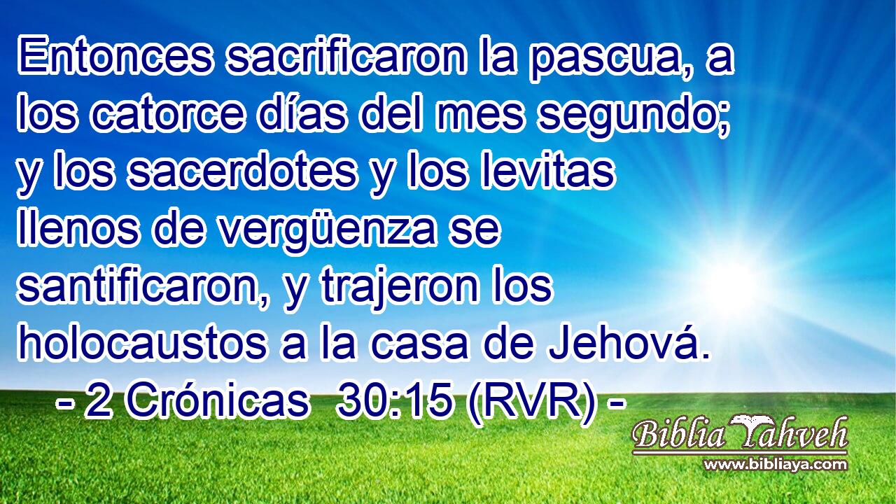 Entonces sacrificaron la pascua, a los catorce días del mes segundo; y los sacerdotes y los levitas llenos de vergüenza se santificaron, y trajeron los holocaustos a la casa de Jehová.