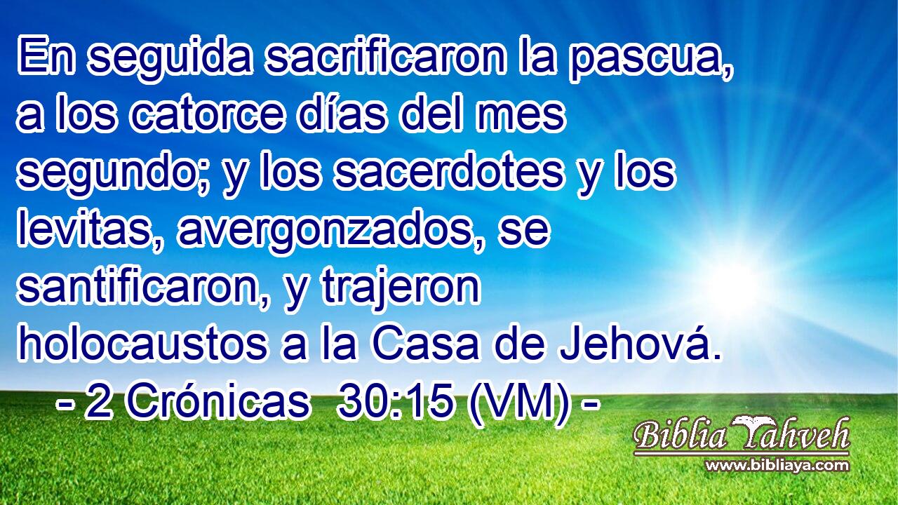  En seguida sacrificaron la pascua, a los catorce días del mes segundo; y los sacerdotes y los levitas, avergonzados, se santificaron, y trajeron holocaustos a la Casa de Jehová. 