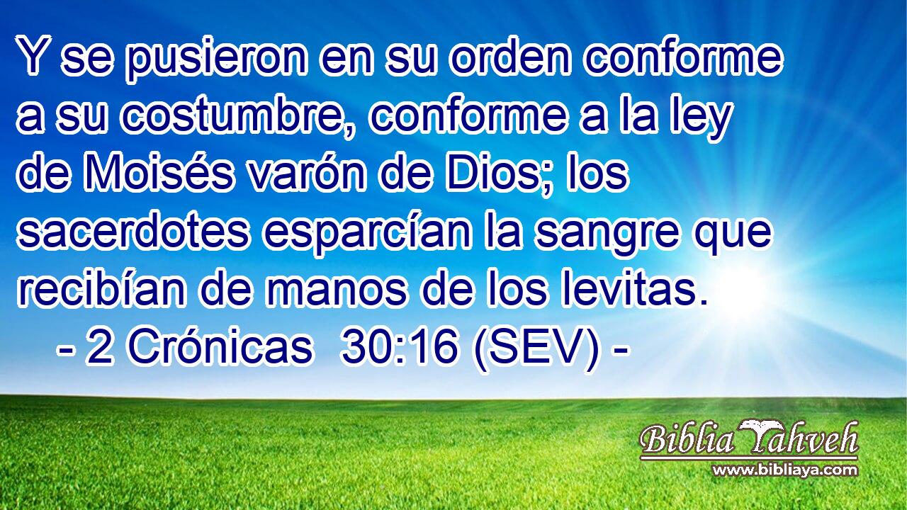 Y se pusieron en su orden conforme a su costumbre, conforme a la ley de Moisés varón de Dios; los sacerdotes esparcían la sangre que recibían de manos de los levitas.