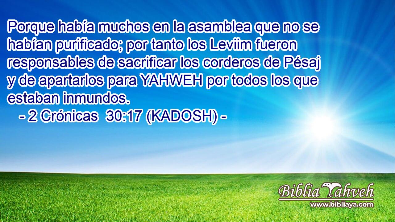  Porque había muchos en la asamblea que no se habían purificado; por tanto los Leviim fueron responsables de sacrificar los corderos de Pésaj y de apartarlos para YAHWEH por todos los que estaban inmundos. 
