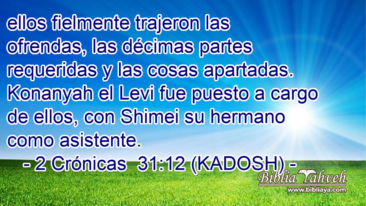  ellos fielmente trajeron las ofrendas, las décimas partes requeridas y las cosas apartadas. Konanyah el Levi fue puesto a cargo de ellos, con Shimei su hermano como asistente. 