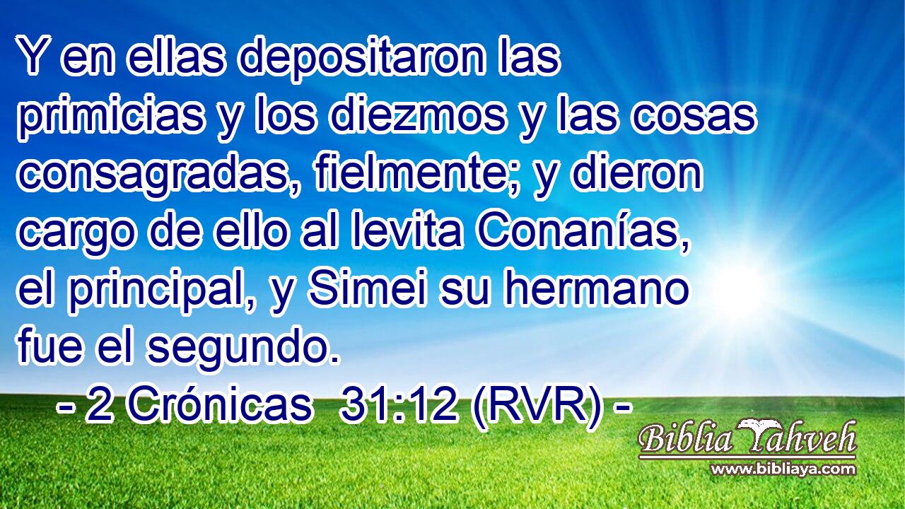 Y en ellas depositaron las primicias y los diezmos y las cosas consagradas, fielmente; y dieron cargo de ello al levita Conanías, el principal, y Simei su hermano fue el segundo.