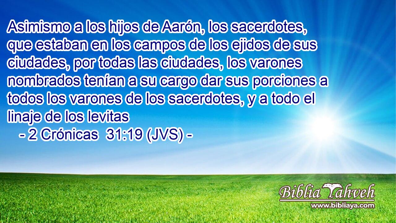 Asimismo a los hijos de Aarón, los sacerdotes, que estaban en los campos de los ejidos de sus ciudades, por todas las ciudades, los varones nombrados tenían a su cargo dar sus porciones a todos los varones de los sacerdotes, y a todo el linaje de los levitas