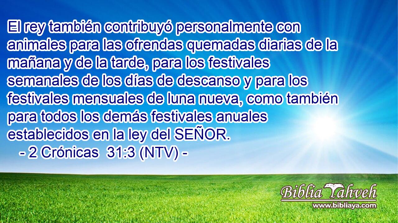 El rey también contribuyó personalmente con animales para las ofrendas quemadas diarias de la mañana y de la tarde, para los festivales semanales de los días de descanso y para los festivales mensuales de luna nueva, como también para todos los demás festivales anuales establecidos en la ley del SEÑOR.