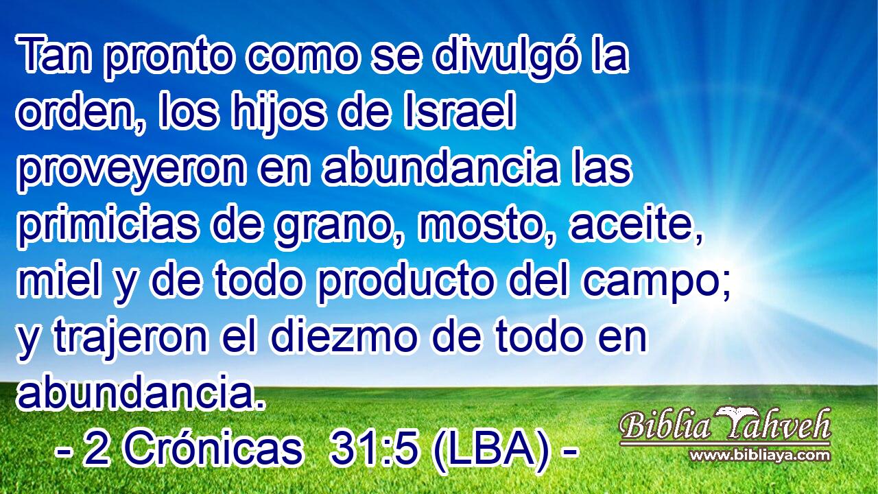 Tan pronto como se divulgó la orden, los hijos de Israel proveyeron en abundancia las primicias de grano, mosto, aceite, miel y de todo producto del campo; y trajeron el diezmo de todo en abundancia.