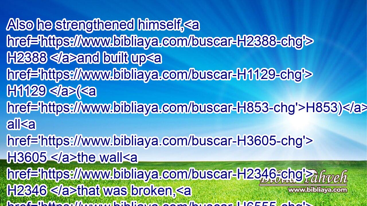 Also he strengthened himself, H2388 and built up H1129 (H853) all H3605 the wall H2346 that was broken, H6555 and raised it up H5927 to H5921 the towers, H4026 and another H312 wall H2346 without, H2351 and repaired H2388 (H853) Millo H4407 in the city H5892 of David, H1732 and made H6213 darts H7973 and shields H4043 in abundance.H7230