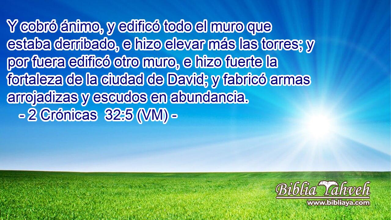  Y cobró ánimo, y edificó todo el muro que estaba derribado, e hizo elevar más las torres; y por fuera edificó otro muro, e hizo fuerte la fortaleza de la ciudad de David; y fabricó armas arrojadizas y escudos en abundancia. 