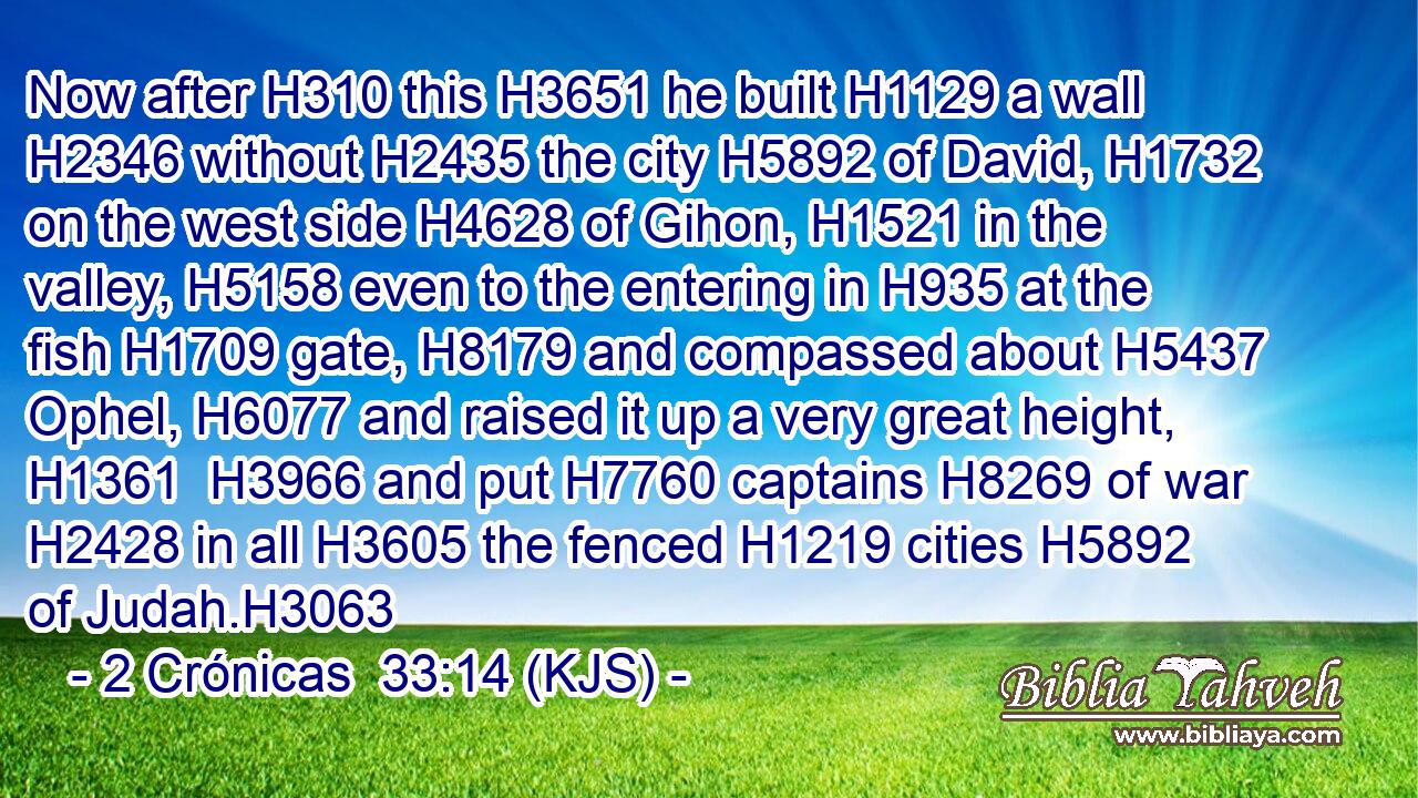 Now after H310 this H3651 he built H1129 a wall H2346 without H2435 the city H5892 of David, H1732 on the west side H4628 of Gihon, H1521 in the valley, H5158 even to the entering in H935 at the fish H1709 gate, H8179 and compassed about H5437 Ophel, H6077 and raised it up a very great height, H1361  H3966 and put H7760 captains H8269 of war H2428 in all H3605 the fenced H1219 cities H5892 of Judah.H3063