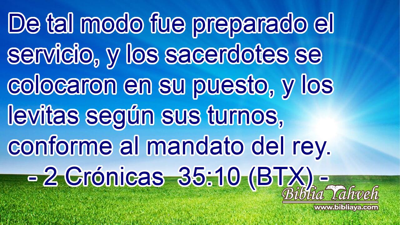 De tal modo fue preparado el servicio, y los sacerdotes se colocaron en su puesto, y los levitas según sus turnos, conforme al mandato del rey.