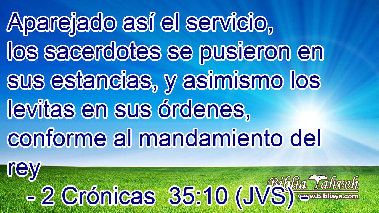 Aparejado así el servicio, los sacerdotes se pusieron en sus estancias, y asimismo los levitas en sus órdenes, conforme al mandamiento del rey