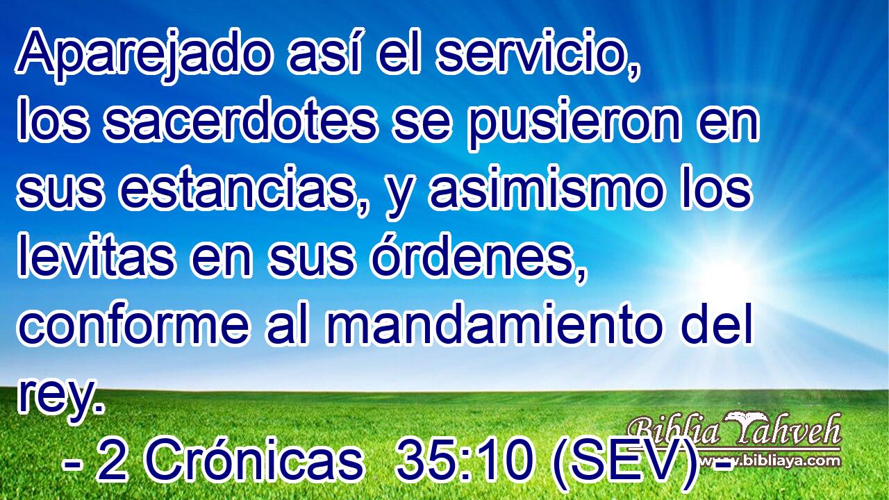 Aparejado así el servicio, los sacerdotes se pusieron en sus estancias, y asimismo los levitas en sus órdenes, conforme al mandamiento del rey.