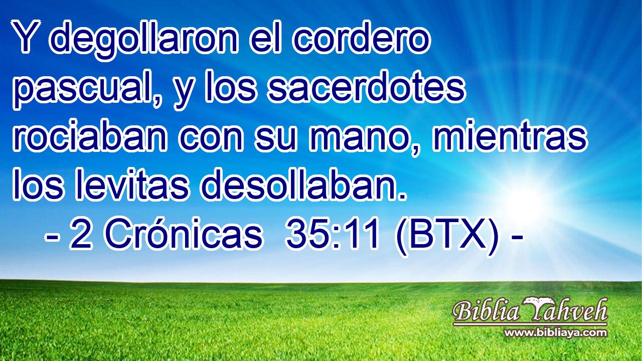 Y degollaron el cordero pascual, y los sacerdotes rociaban con su mano, mientras los levitas desollaban.