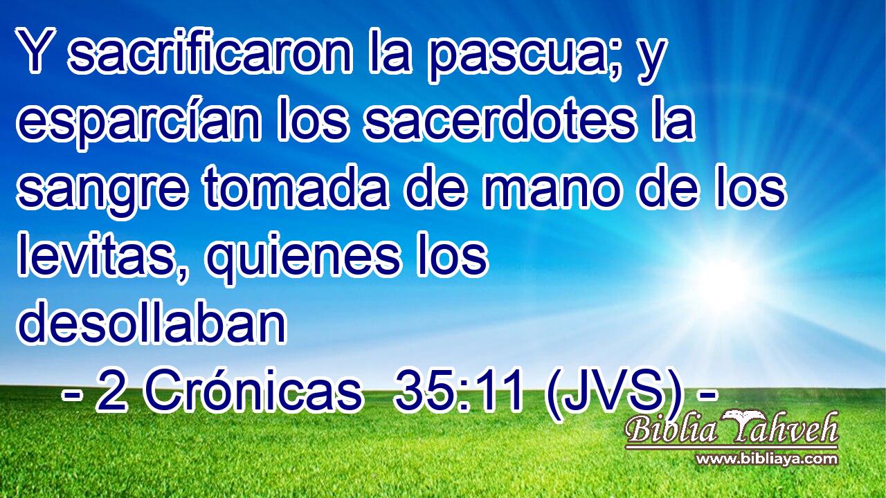 Y sacrificaron la pascua; y esparcían los sacerdotes la sangre tomada de mano de los levitas, quienes los desollaban