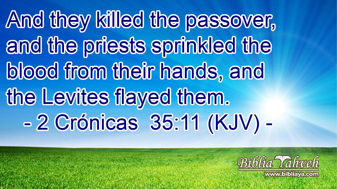And they killed the passover, and the priests sprinkled the blood from their hands, and the Levites flayed them.
