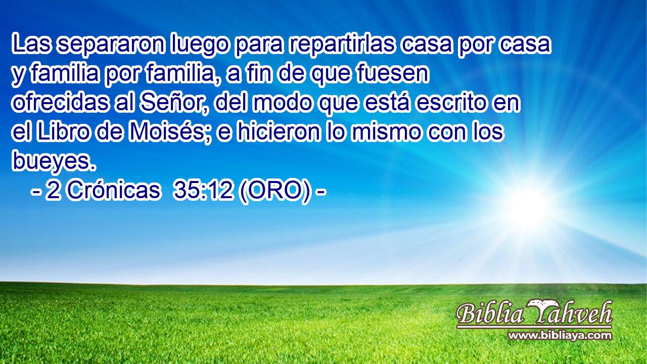  Las separaron luego para repartirlas casa por casa y familia por familia, a fin de que fuesen ofrecidas al Señor, del modo que está escrito en el Libro de Moisés; e hicieron lo mismo con los bueyes. 