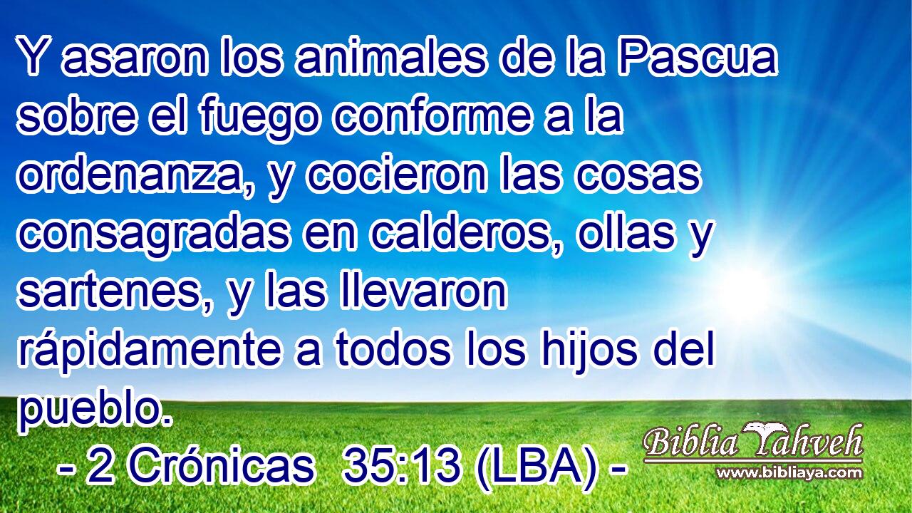 Y asaron los animales de la Pascua sobre el fuego conforme a la ordenanza, y cocieron las cosas consagradas en calderos, ollas y sartenes, y las llevaron rápidamente a todos los hijos del pueblo.