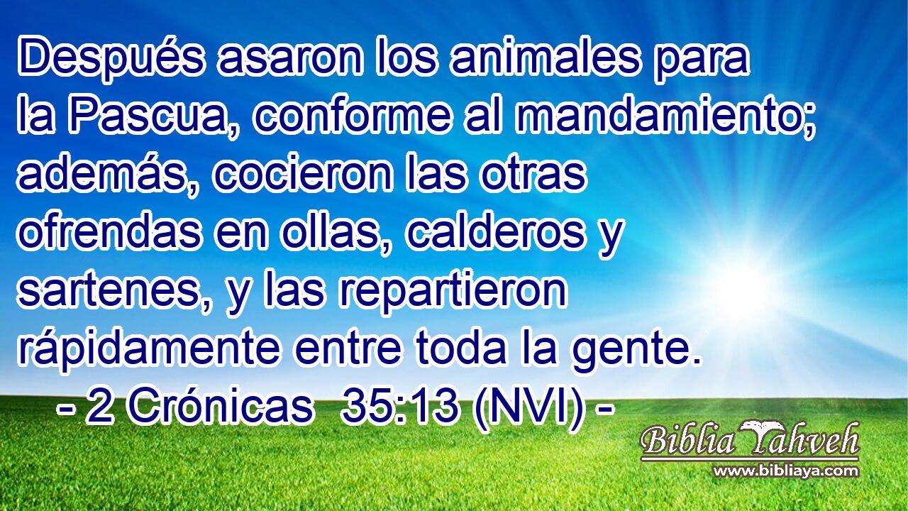  Después asaron los animales para la Pascua, conforme al mandamiento; además, cocieron las otras ofrendas en ollas, calderos y sartenes, y las repartieron rápidamente entre toda la gente. 