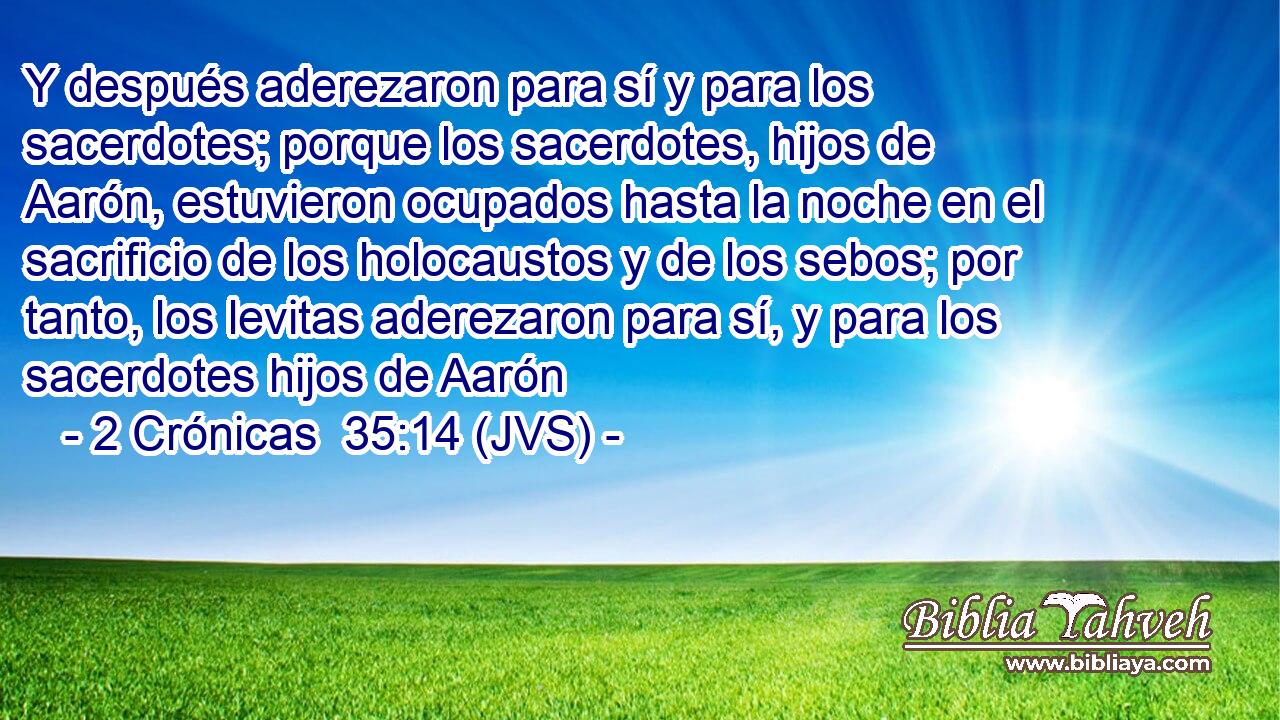 Y después aderezaron para sí y para los sacerdotes; porque los sacerdotes, hijos de Aarón, estuvieron ocupados hasta la noche en el sacrificio de los holocaustos y de los sebos; por tanto, los levitas aderezaron para sí, y para los sacerdotes hijos de Aarón