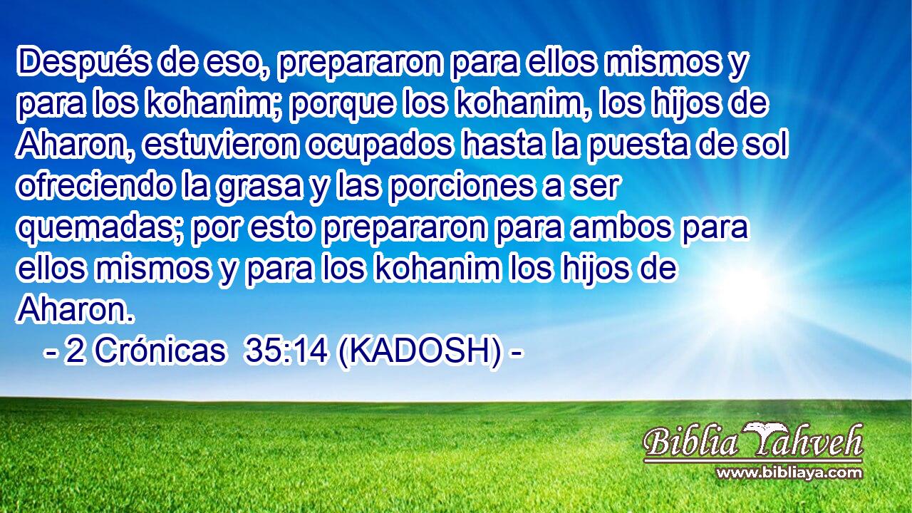  Después de eso, prepararon para ellos mismos y para los kohanim; porque los kohanim, los hijos de Aharon, estuvieron ocupados hasta la puesta de sol ofreciendo la grasa y las porciones a ser quemadas; por esto prepararon para ambos para ellos mismos y para los kohanim los hijos de Aharon. 
