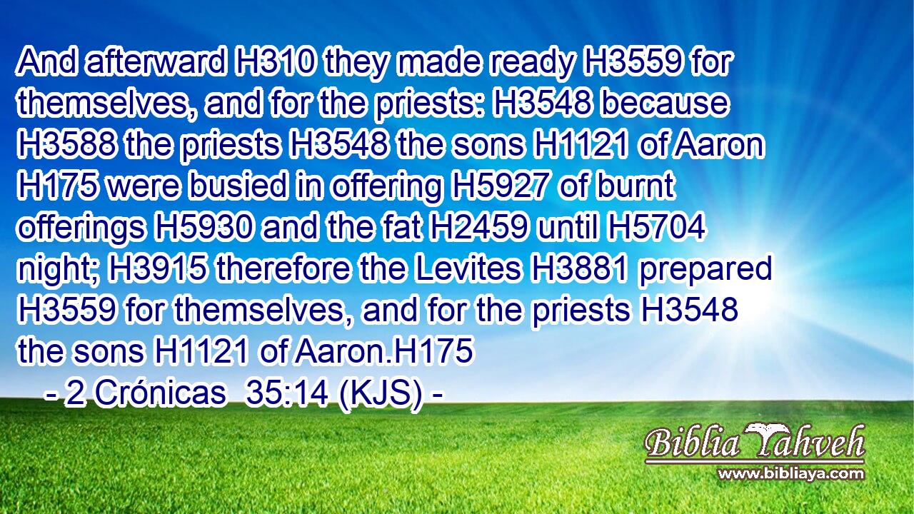 And afterward H310 they made ready H3559 for themselves, and for the priests: H3548 because H3588 the priests H3548 the sons H1121 of Aaron H175 were busied in offering H5927 of burnt offerings H5930 and the fat H2459 until H5704 night; H3915 therefore the Levites H3881 prepared H3559 for themselves, and for the priests H3548 the sons H1121 of Aaron.H175