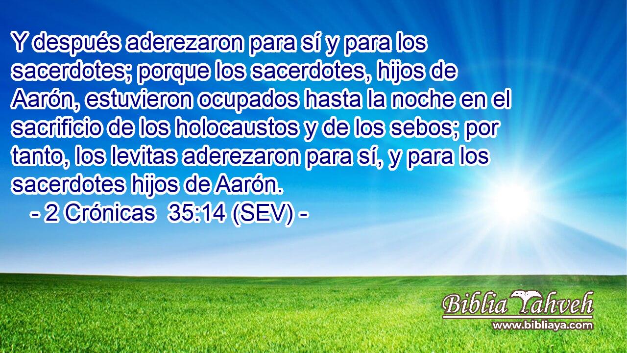Y después aderezaron para sí y para los sacerdotes; porque los sacerdotes, hijos de Aarón, estuvieron ocupados hasta la noche en el sacrificio de los holocaustos y de los sebos; por tanto, los levitas aderezaron para sí, y para los sacerdotes hijos de Aarón.