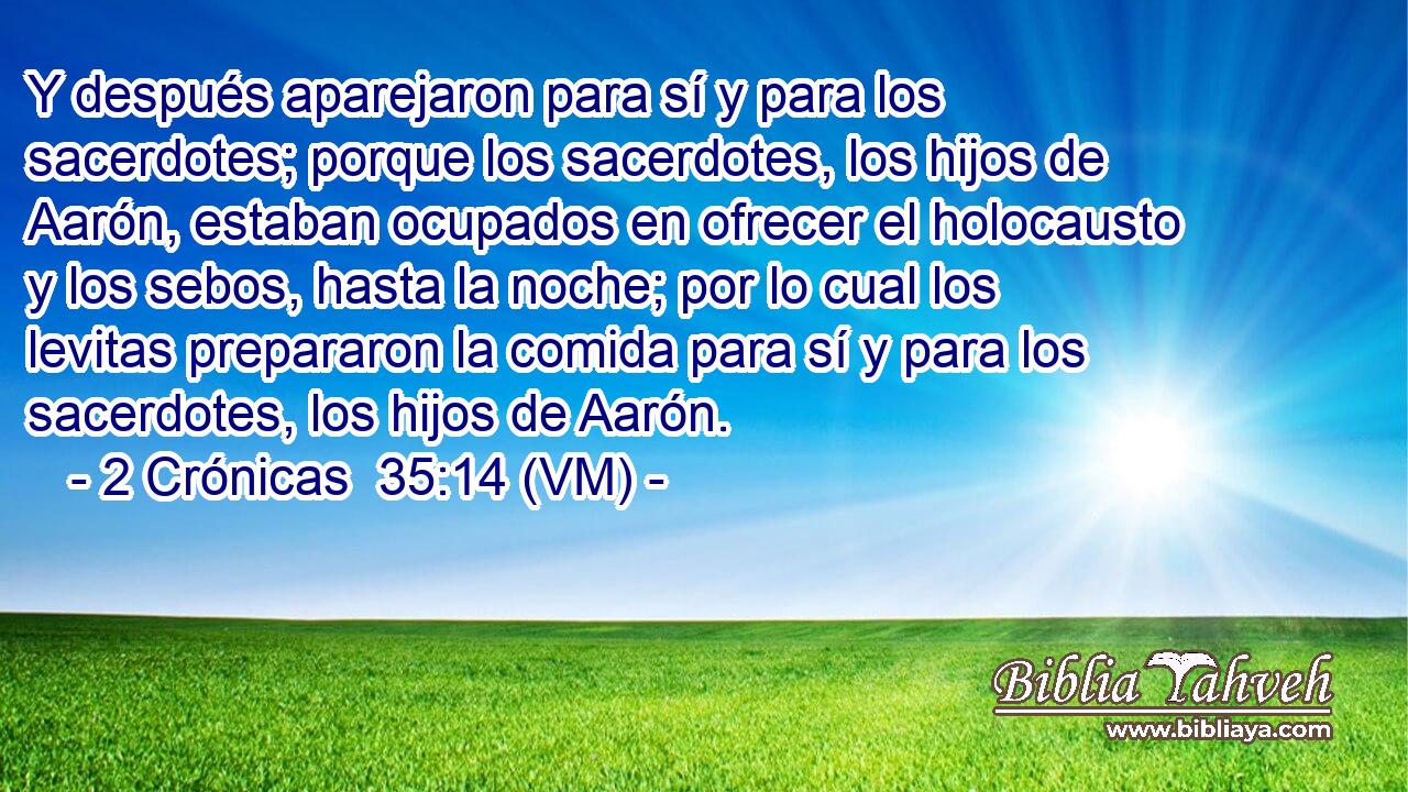  Y después aparejaron para sí y para los sacerdotes; porque los sacerdotes, los hijos de Aarón, estaban ocupados en ofrecer el holocausto y los sebos, hasta la noche; por lo cual los levitas prepararon la comida para sí y para los sacerdotes, los hijos de Aarón. 