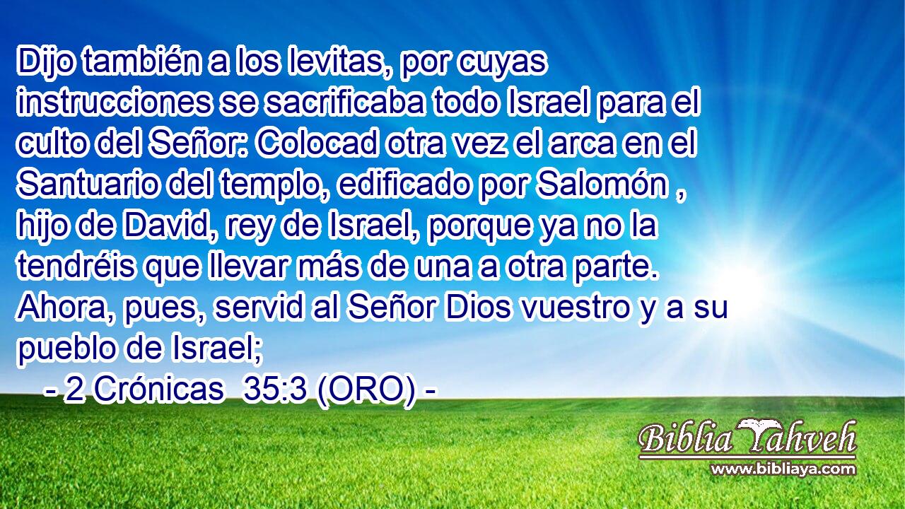  Dijo también a los levitas, por cuyas instrucciones se sacrificaba todo Israel para el culto del Señor: Colocad otra vez el arca en el Santuario del templo, edificado por Salomón , hijo de David, rey de Israel, porque ya no la tendréis que llevar más de una a otra parte. Ahora, pues, servid al Señor Dios vuestro y a su pueblo de Israel; 