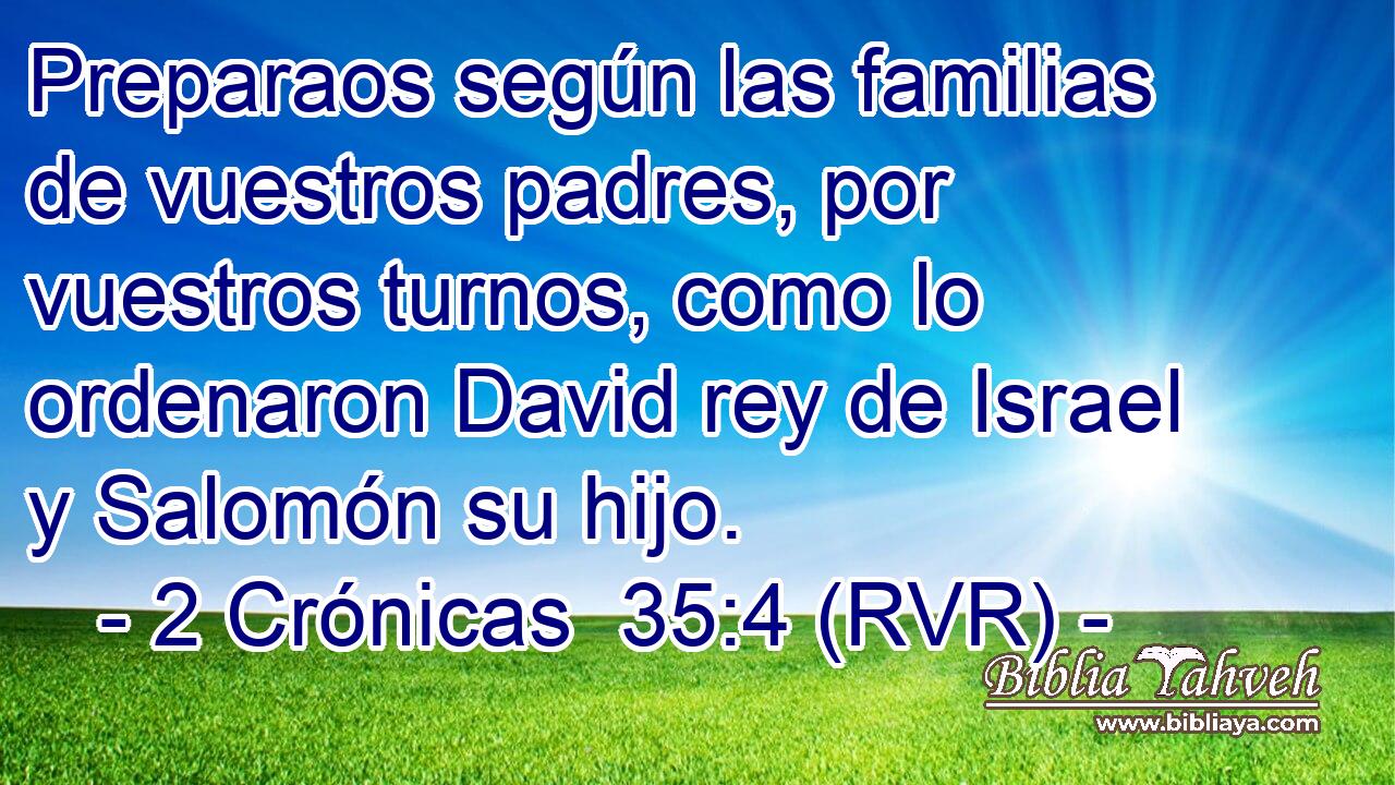 Preparaos según las familias de vuestros padres, por vuestros turnos, como lo ordenaron David rey de Israel y Salomón su hijo.
