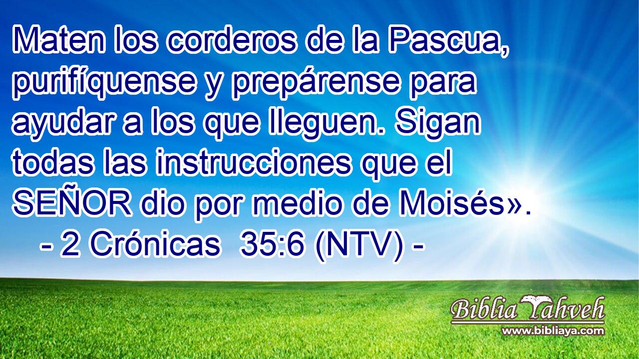 Maten los corderos de la Pascua, purifíquense y prepárense para ayudar a los que lleguen. Sigan todas las instrucciones que el SEÑOR dio por medio de Moisés».