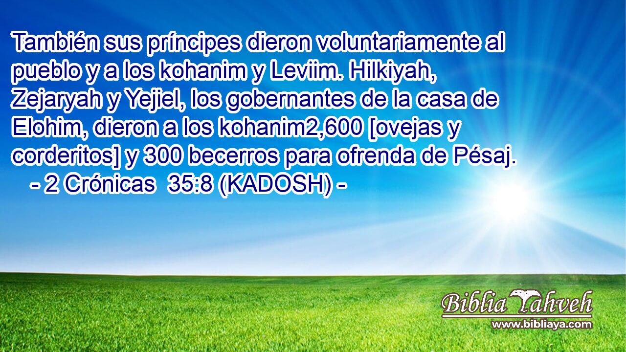  También sus príncipes dieron voluntariamente al pueblo y a los kohanim y Leviim. Hilkiyah, Zejaryah y Yejiel, los gobernantes de la casa de Elohim, dieron a los kohanim2,600 [ovejas y corderitos] y 300 becerros para ofrenda de Pésaj. 