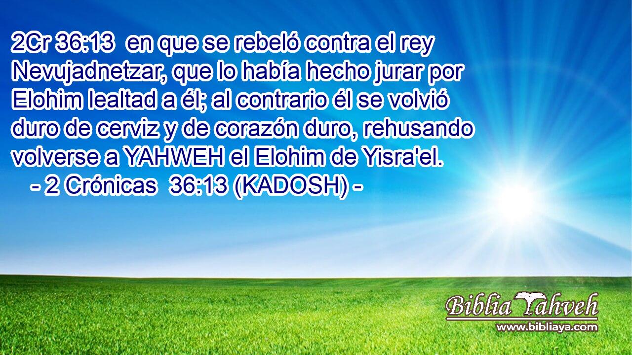  en que se rebeló contra el rey Nevujadnetzar, que lo había hecho jurar por Elohim lealtad a él; al contrario él se volvió duro de cerviz y de corazón duro, rehusando volverse a YAHWEH el Elohim de Yisra'el. 