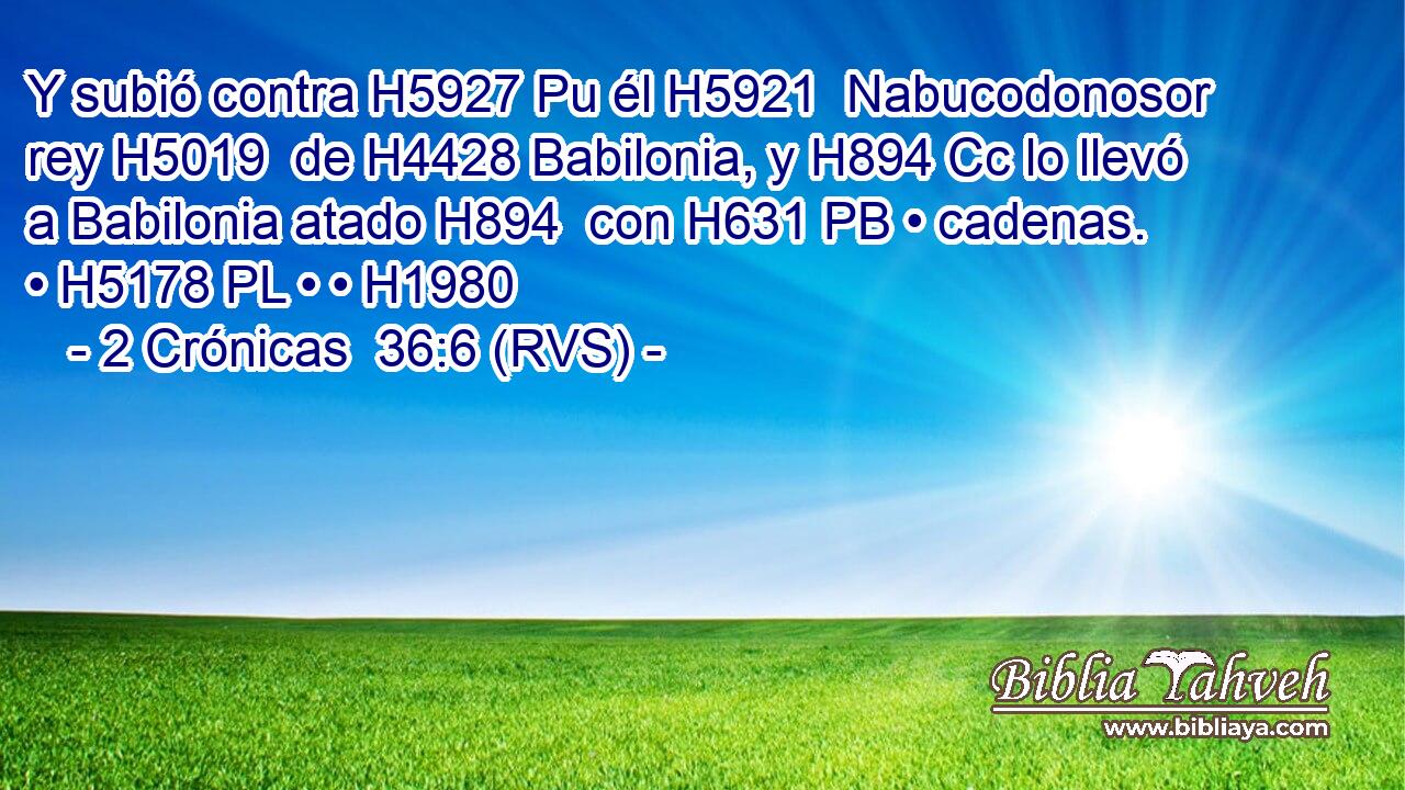Y subió contra H5927 Pu él H5921  Nabucodonosor rey H5019  de H4428 Babilonia, y H894 Cc lo llevó a Babilonia atado H894  con H631 PB • cadenas. • H5178 PL • • H1980  