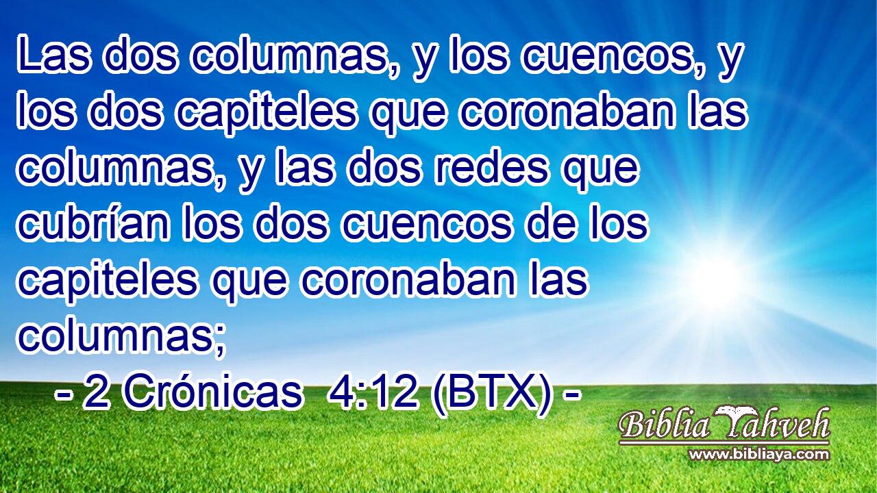 Las dos columnas, y los cuencos, y los dos capiteles que coronaban las columnas, y las dos redes que cubrían los dos cuencos de los capiteles que coronaban las columnas;