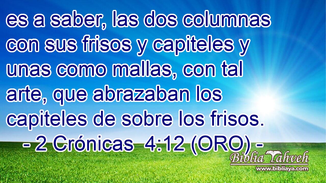  es a saber, las dos columnas con sus frisos y capiteles y unas como mallas, con tal arte, que abrazaban los capiteles de sobre los frisos. 