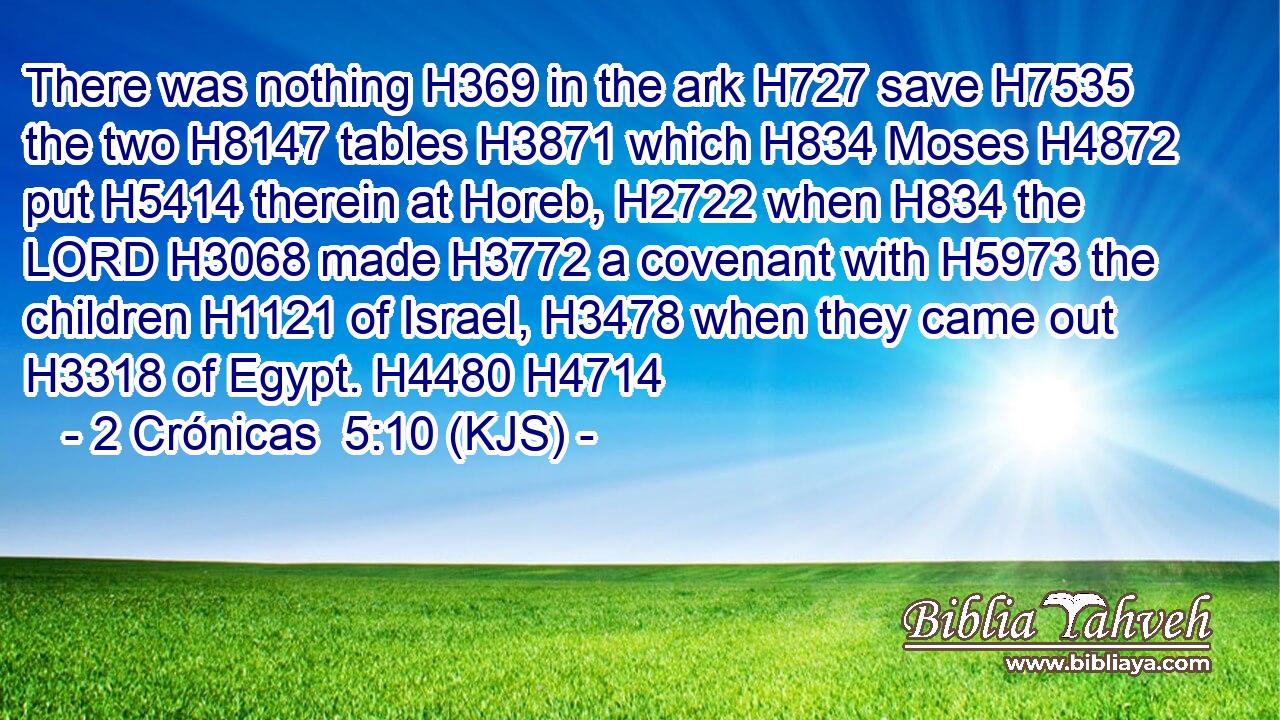 There was nothing H369 in the ark H727 save H7535 the two H8147 tables H3871 which H834 Moses H4872 put H5414 therein at Horeb, H2722 when H834 the LORD H3068 made H3772 a covenant with H5973 the children H1121 of Israel, H3478 when they came out H3318 of Egypt. H4480 H4714