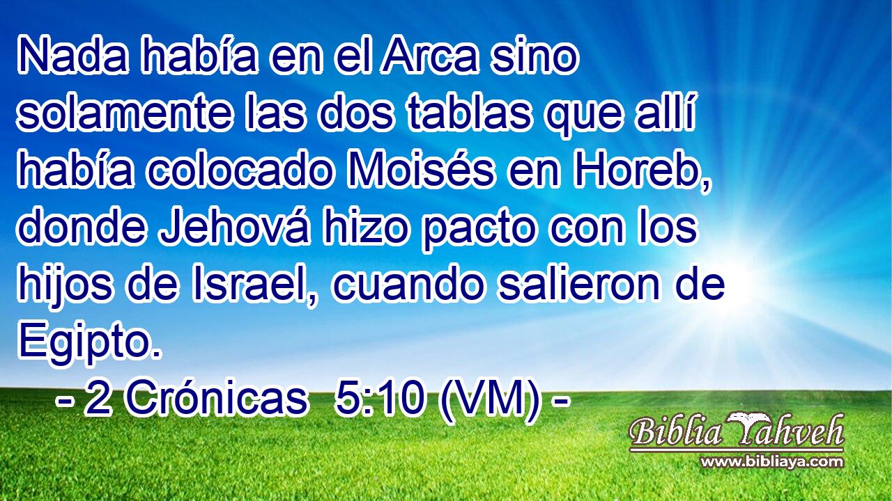  Nada había en el Arca sino solamente las dos tablas que allí había colocado Moisés en Horeb, donde Jehová hizo pacto con los hijos de Israel, cuando salieron de Egipto. 