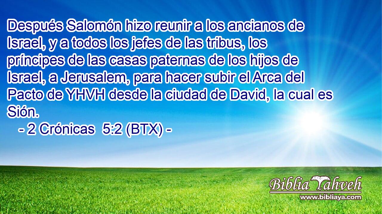 Después Salomón hizo reunir a los ancianos de Israel, y a todos los jefes de las tribus, los príncipes de las casas paternas de los hijos de Israel, a Jerusalem, para hacer subir el Arca del Pacto de YHVH desde la ciudad de David, la cual es Sión.