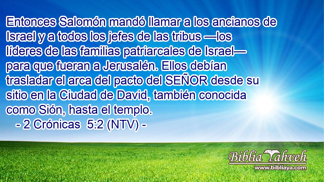 Entonces Salomón mandó llamar a los ancianos de Israel y a todos los jefes de las tribus —los líderes de las familias patriarcales de Israel— para que fueran a Jerusalén. Ellos debían trasladar el arca del pacto del SEÑOR desde su sitio en la Ciudad de David, también conocida como Sión, hasta el templo.