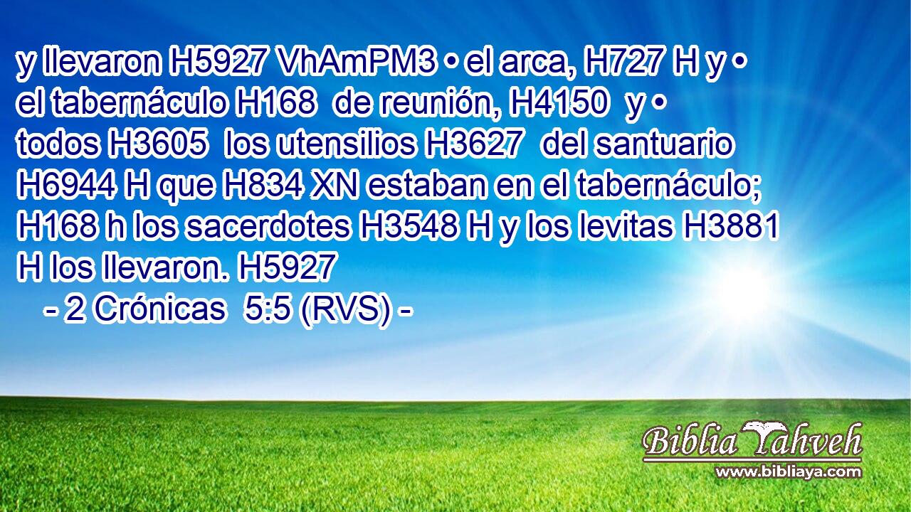y llevaron H5927 VhAmPM3 • el arca, H727 H y • el tabernáculo H168  de reunión, H4150  y • todos H3605  los utensilios H3627  del santuario H6944 H que H834 XN estaban en el tabernáculo; H168 h los sacerdotes H3548 H y los levitas H3881 H los llevaron. H5927  