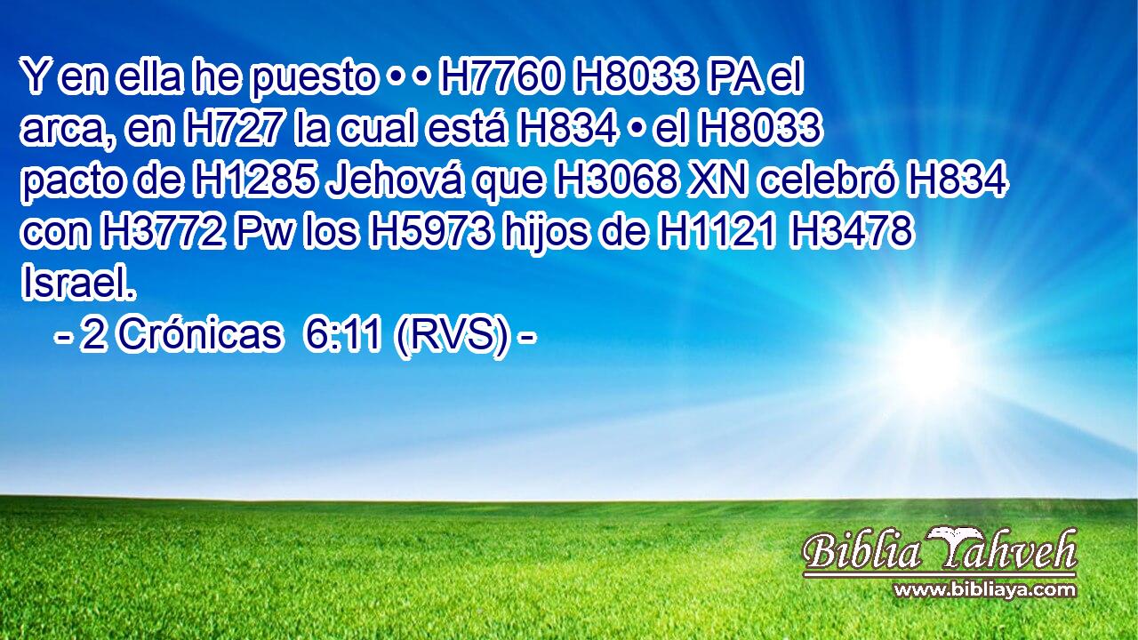Y en ella he puesto • • H7760 H8033 PA el arca, en H727 la cual está H834 • el H8033 pacto de H1285 Jehová que H3068 XN celebró H834  con H3772 Pw los H5973 hijos de H1121 H3478 Israel. 