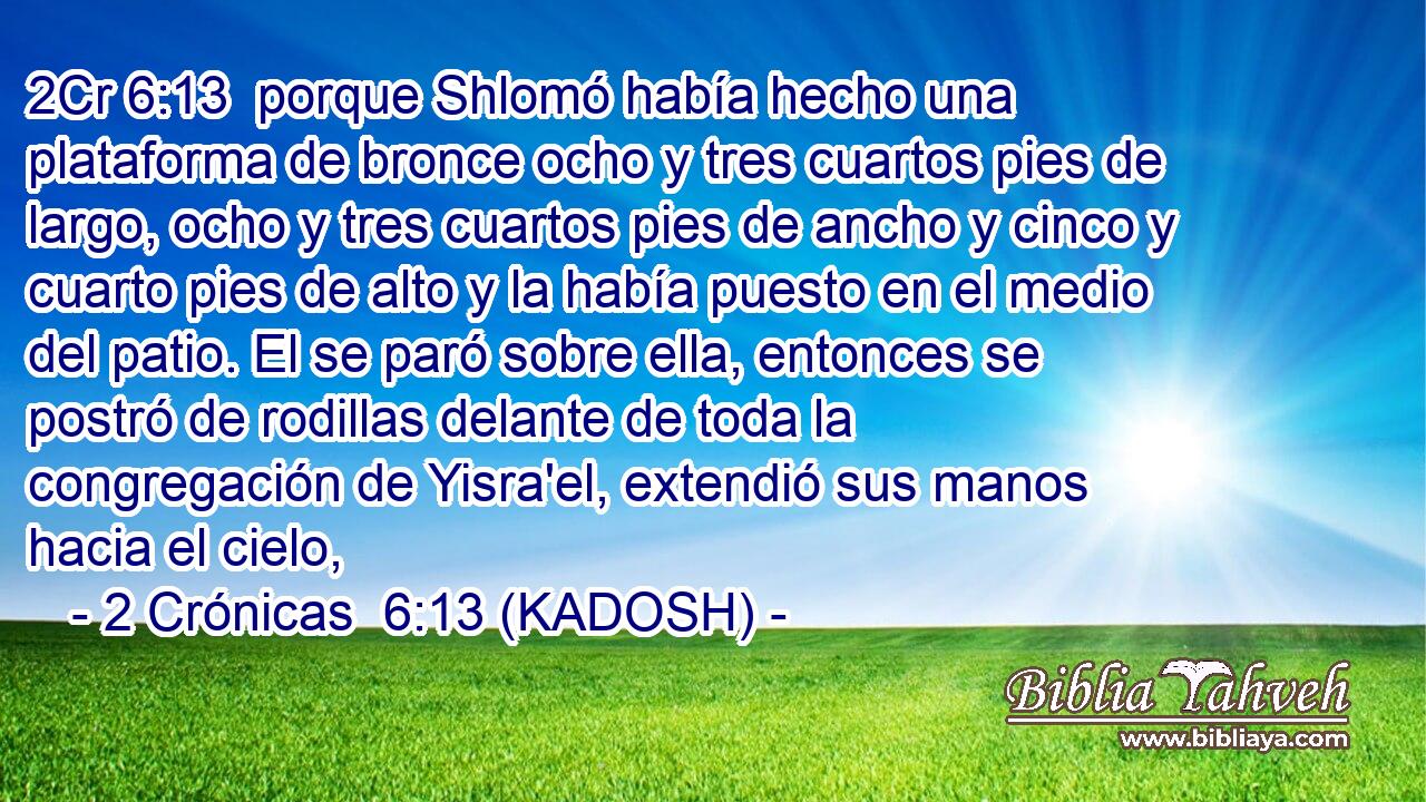  porque Shlomó había hecho una plataforma de bronce ocho y tres cuartos pies de largo, ocho y tres cuartos pies de ancho y cinco y cuarto pies de alto y la había puesto en el medio del patio. El se paró sobre ella, entonces se postró de rodillas delante de toda la congregación de Yisra'el, extendió sus manos hacia el cielo, 