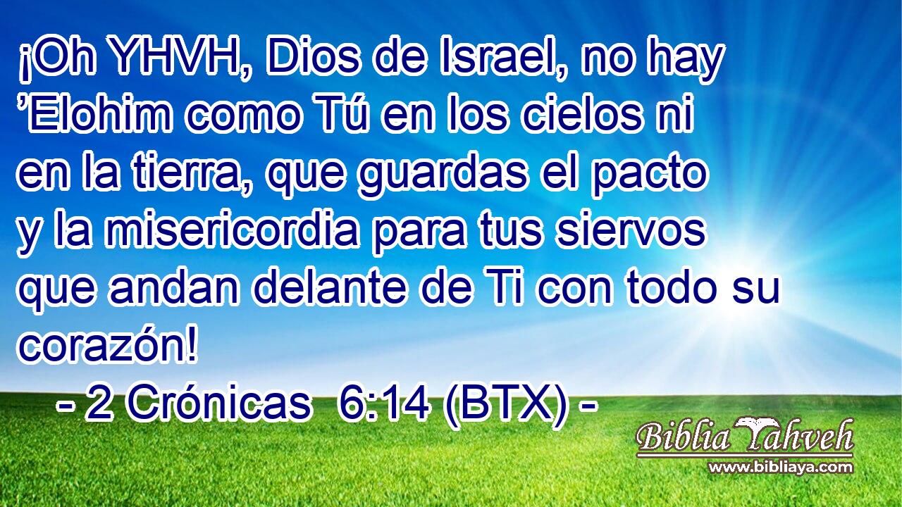 ¡Oh YHVH, Dios de Israel, no hay ’Elohim como Tú en los cielos ni en la tierra, que guardas el pacto y la misericordia para tus siervos que andan delante de Ti con todo su corazón!