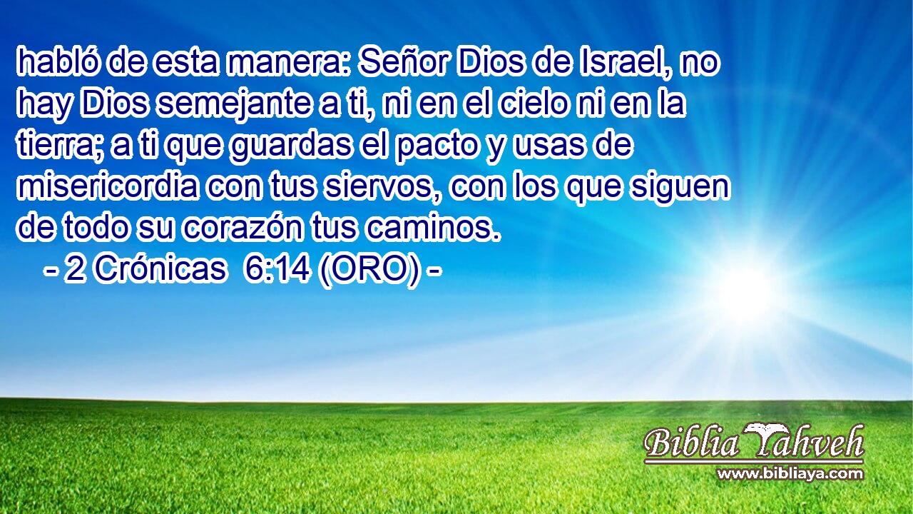  habló de esta manera: Señor Dios de Israel, no hay Dios semejante a ti, ni en el cielo ni en la tierra; a ti que guardas el pacto y usas de misericordia con tus siervos, con los que siguen de todo su corazón tus caminos. 