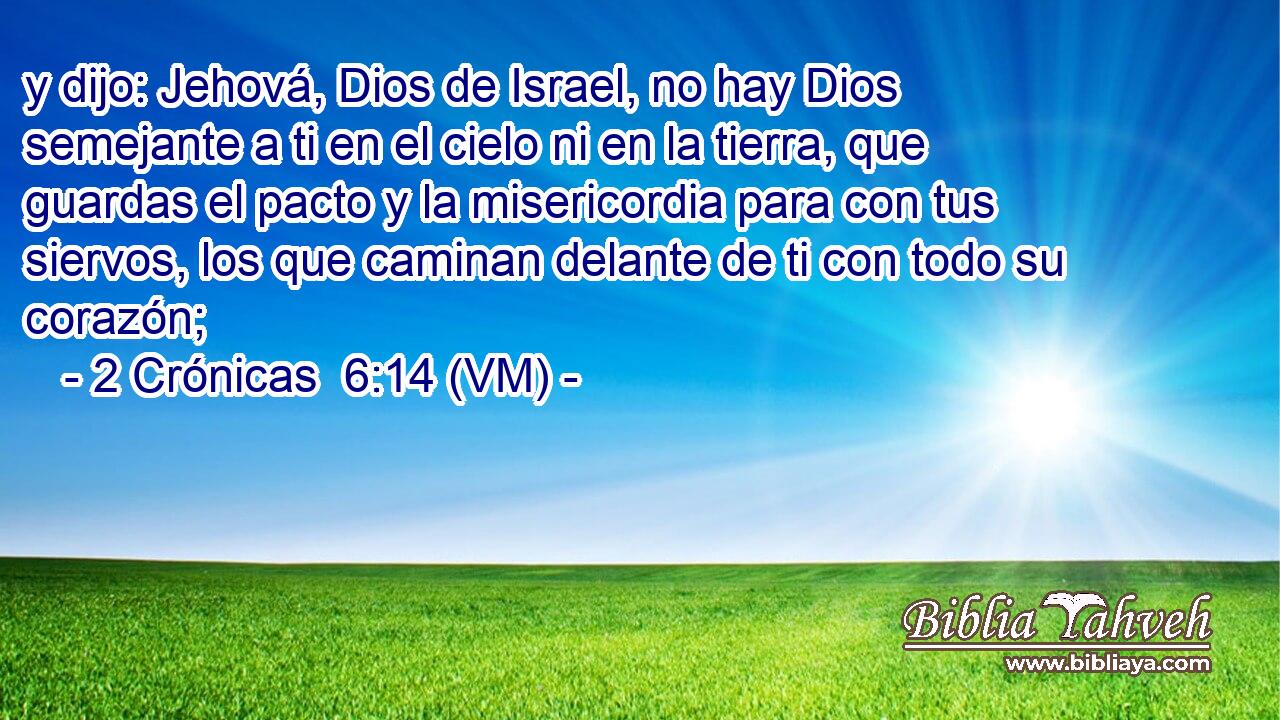  y dijo: Jehová, Dios de Israel, no hay Dios semejante a ti en el cielo ni en la tierra, que guardas el pacto y la misericordia para con tus siervos, los que caminan delante de ti con todo su corazón; 