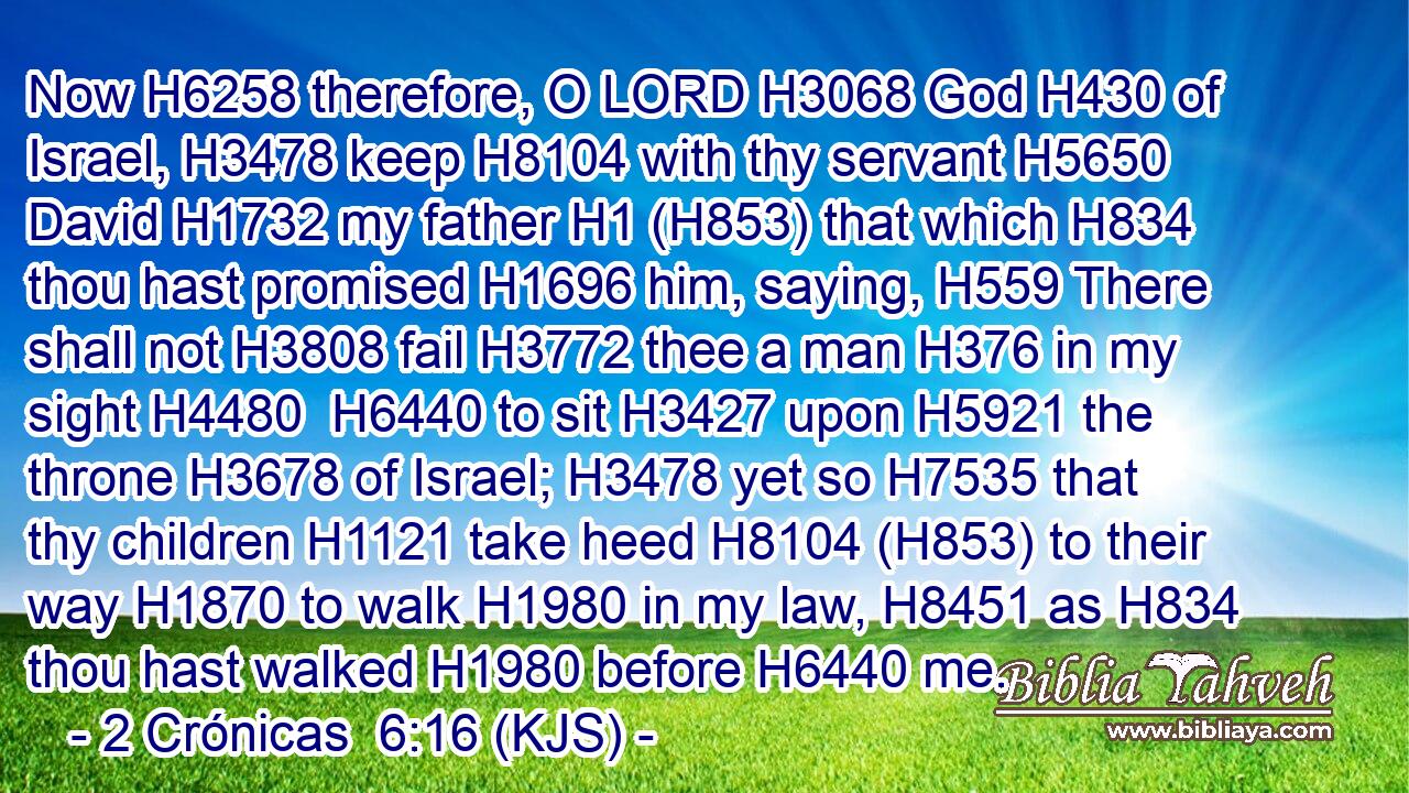 Now H6258 therefore, O LORD H3068 God H430 of Israel, H3478 keep H8104 with thy servant H5650 David H1732 my father H1 (H853) that which H834 thou hast promised H1696 him, saying, H559 There shall not H3808 fail H3772 thee a man H376 in my sight H4480  H6440 to sit H3427 upon H5921 the throne H3678 of Israel; H3478 yet so H7535 that thy children H1121 take heed H8104 (H853) to their way H1870 to walk H1980 in my law, H8451 as H834 thou hast walked H1980 before H6440 me.