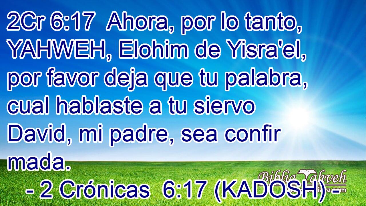  Ahora, por lo tanto, YAHWEH, Elohim de Yisra'el, por favor deja que tu palabra, cual hablaste a tu siervo David, mi padre, sea confir mada. 