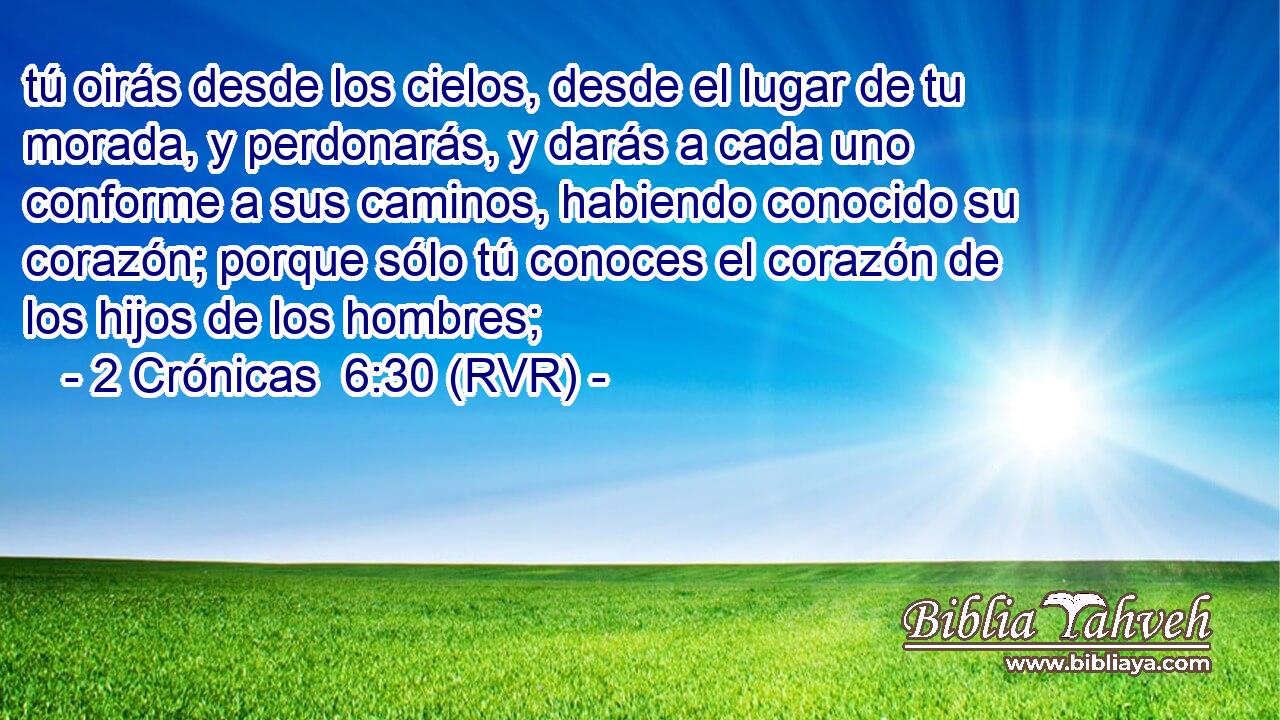tú oirás desde los cielos, desde el lugar de tu morada, y perdonarás, y darás a cada uno conforme a sus caminos, habiendo conocido su corazón; porque sólo tú conoces el corazón de los hijos de los hombres;