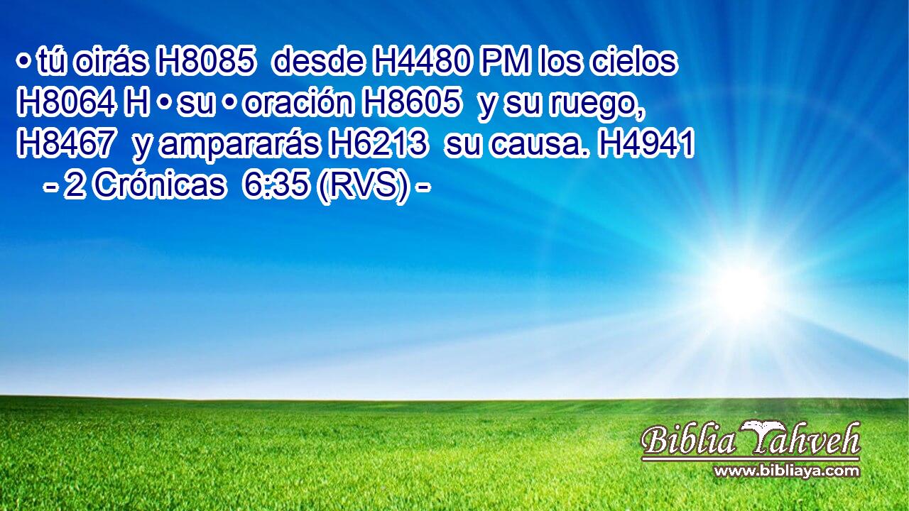 • tú oirás H8085  desde H4480 PM los cielos H8064 H • su • oración H8605  y su ruego, H8467  y ampararás H6213  su causa. H4941  