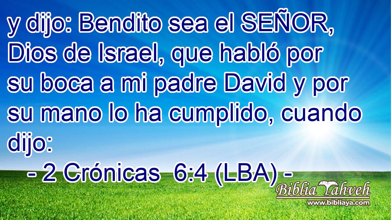 y dijo: Bendito sea el SEÑOR, Dios de Israel, que habló por su boca a mi padre David y por su mano lo ha cumplido, cuando dijo: